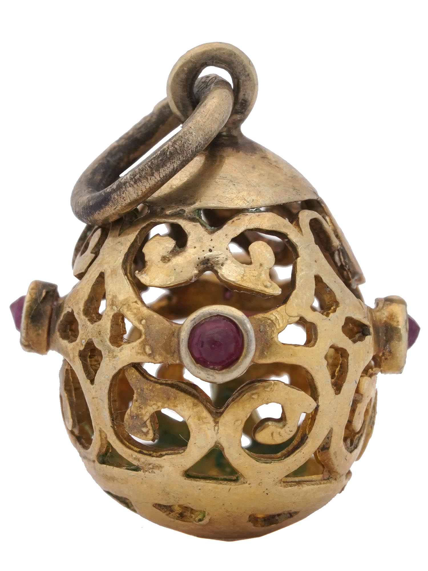 RUSSIAN SILVER GILT OPENWORK EGG PENDANT W. RUBY PIC-1